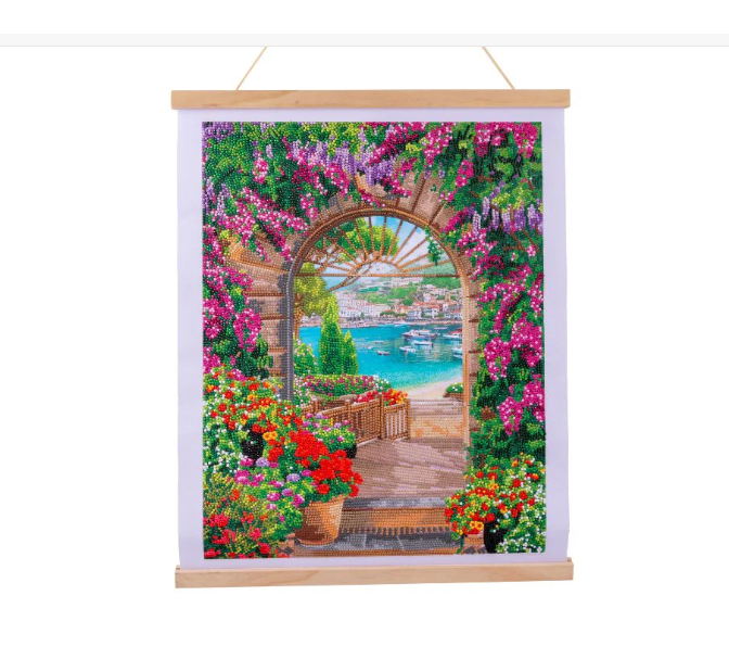 completed Craft Buddy Window to Paradise Crystal Art Scroll