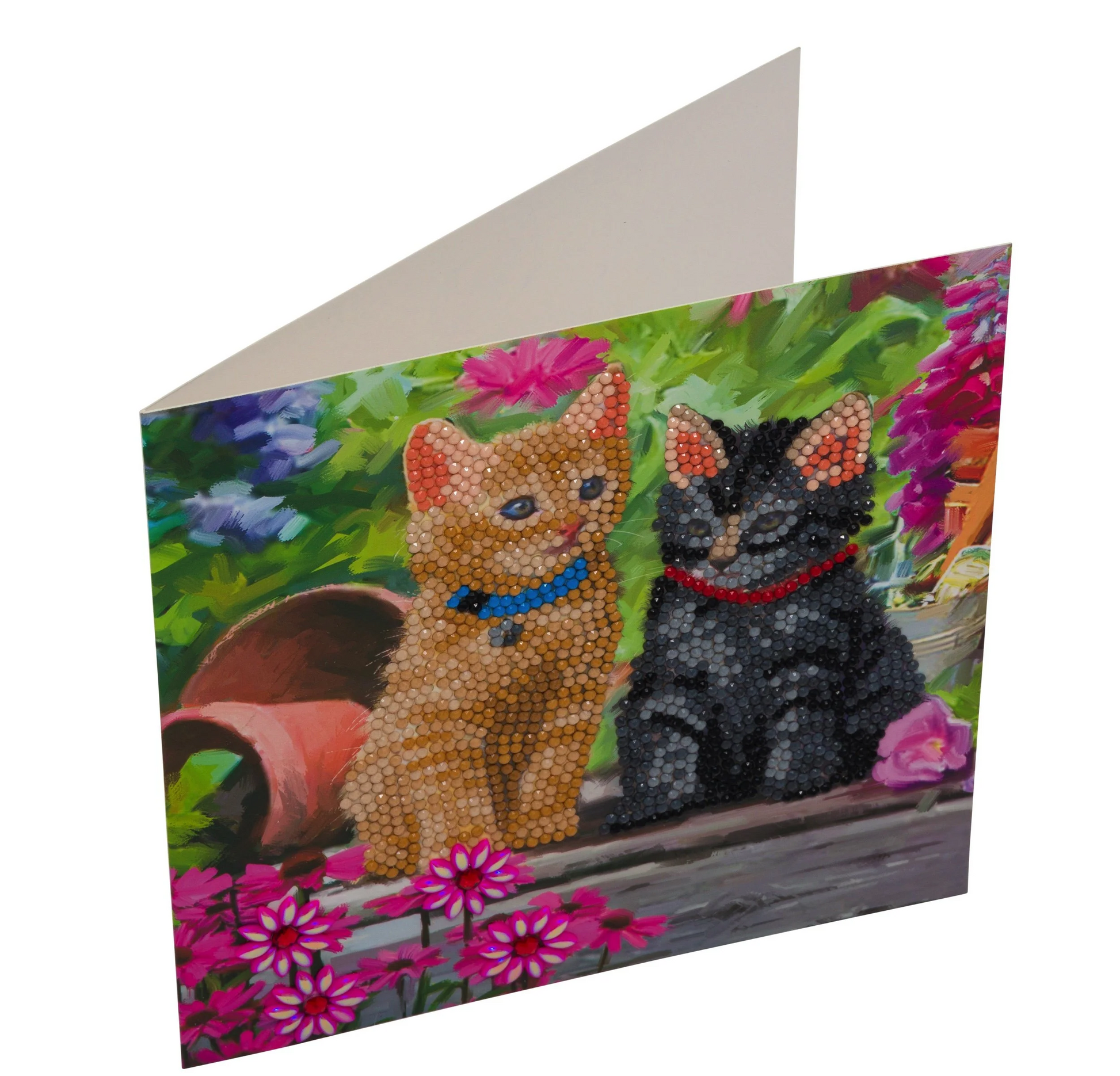 angled view of Cat Friends Crystal Art greetings card, showing card is blank inside