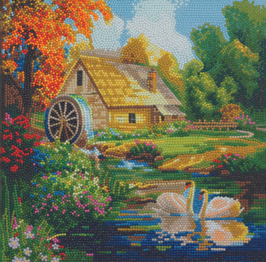 completed Craft Buddy Enchanting Water Mill Crystal Art 30cm Canvas