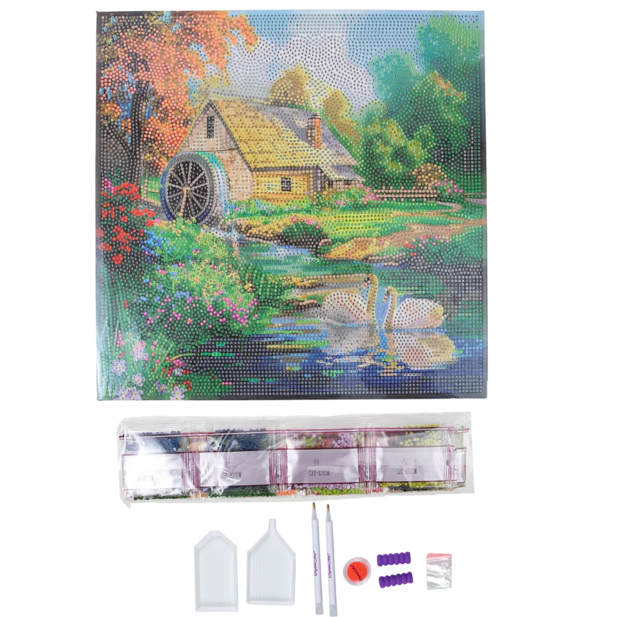 Enchanting Water Mill Crystal Art Canvas Kit contents