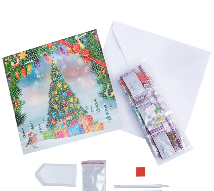 Festive Tree Crystal Art Greetings Card kit contents