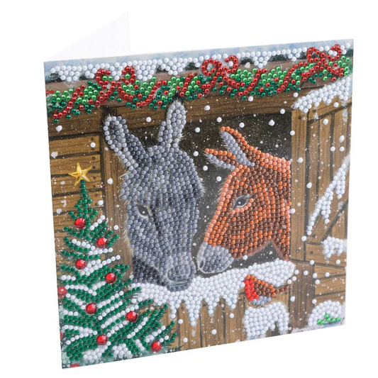 completed Winter Donkeys Crystal Art Greetings Card, angled view
